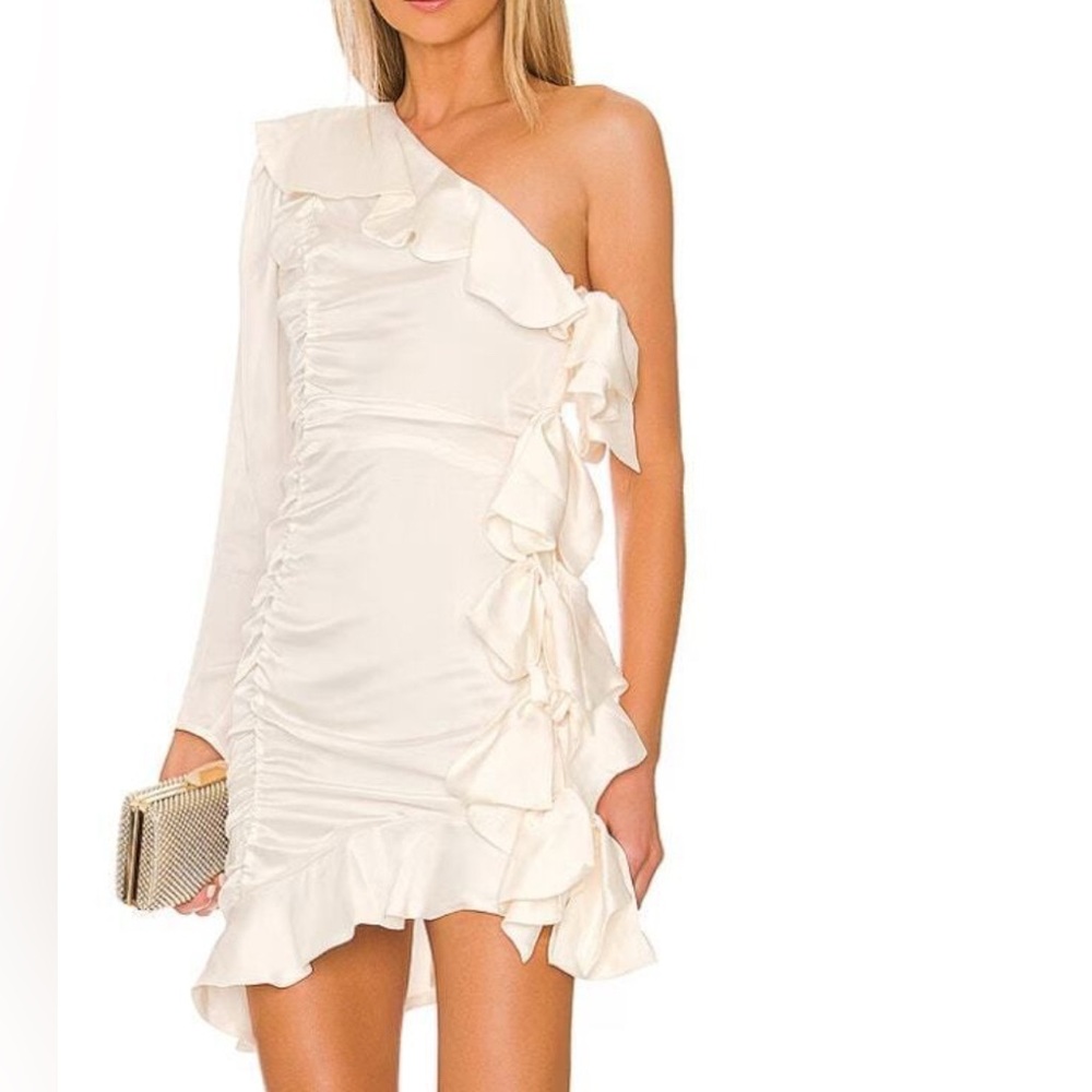Tularosa One Shoulder Satin Mini Ruffle Runched Natalie Dress